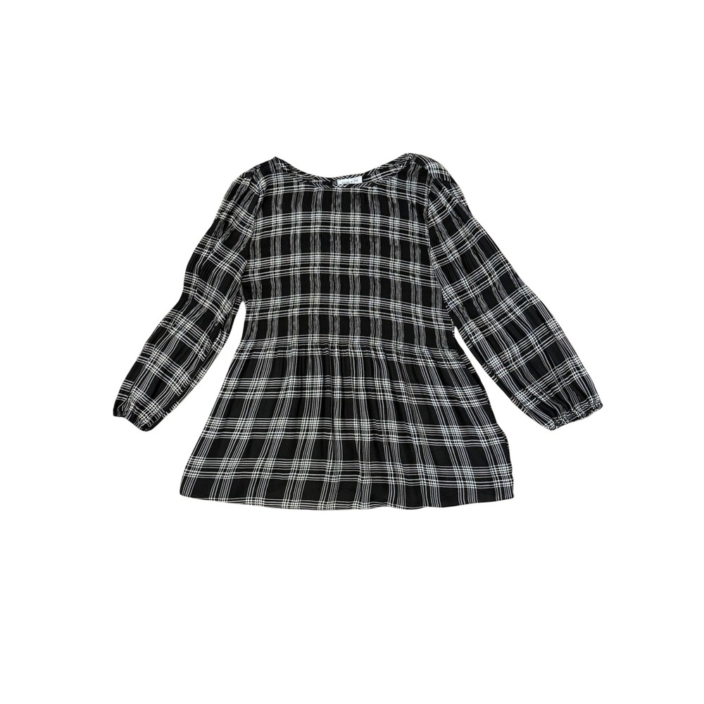 Floral & Ivy Womens Small Black White Plaid Empire Waist Crinkle Long‎ Sleeve